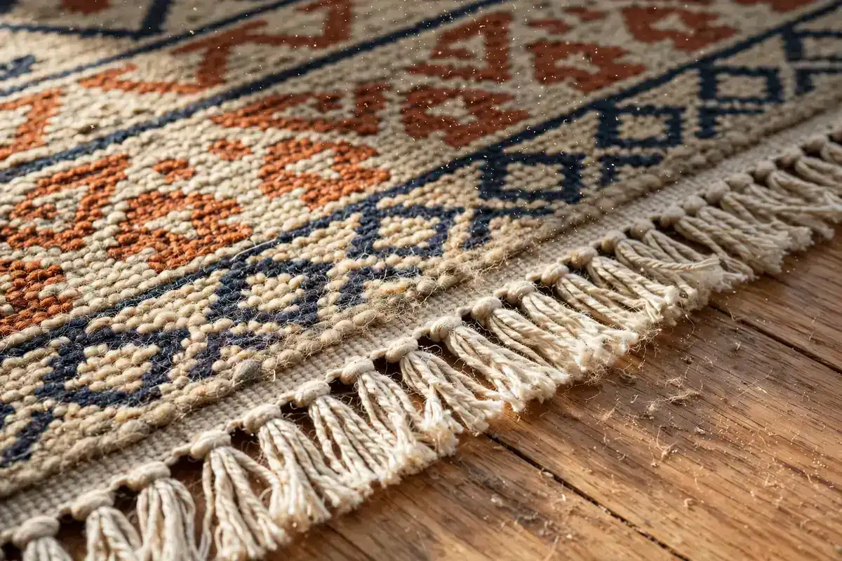 Close-up of woven wool pile and cotton fringe on a patterned rug