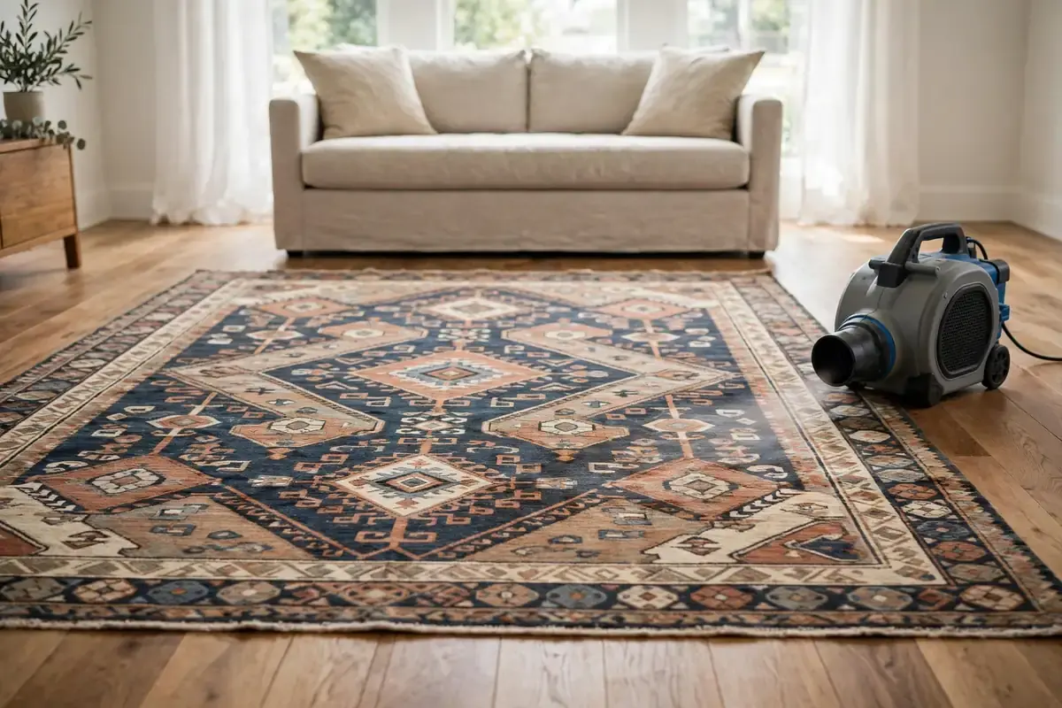 Wool rug laid flat to dry on a hardwood floor beside a small fan