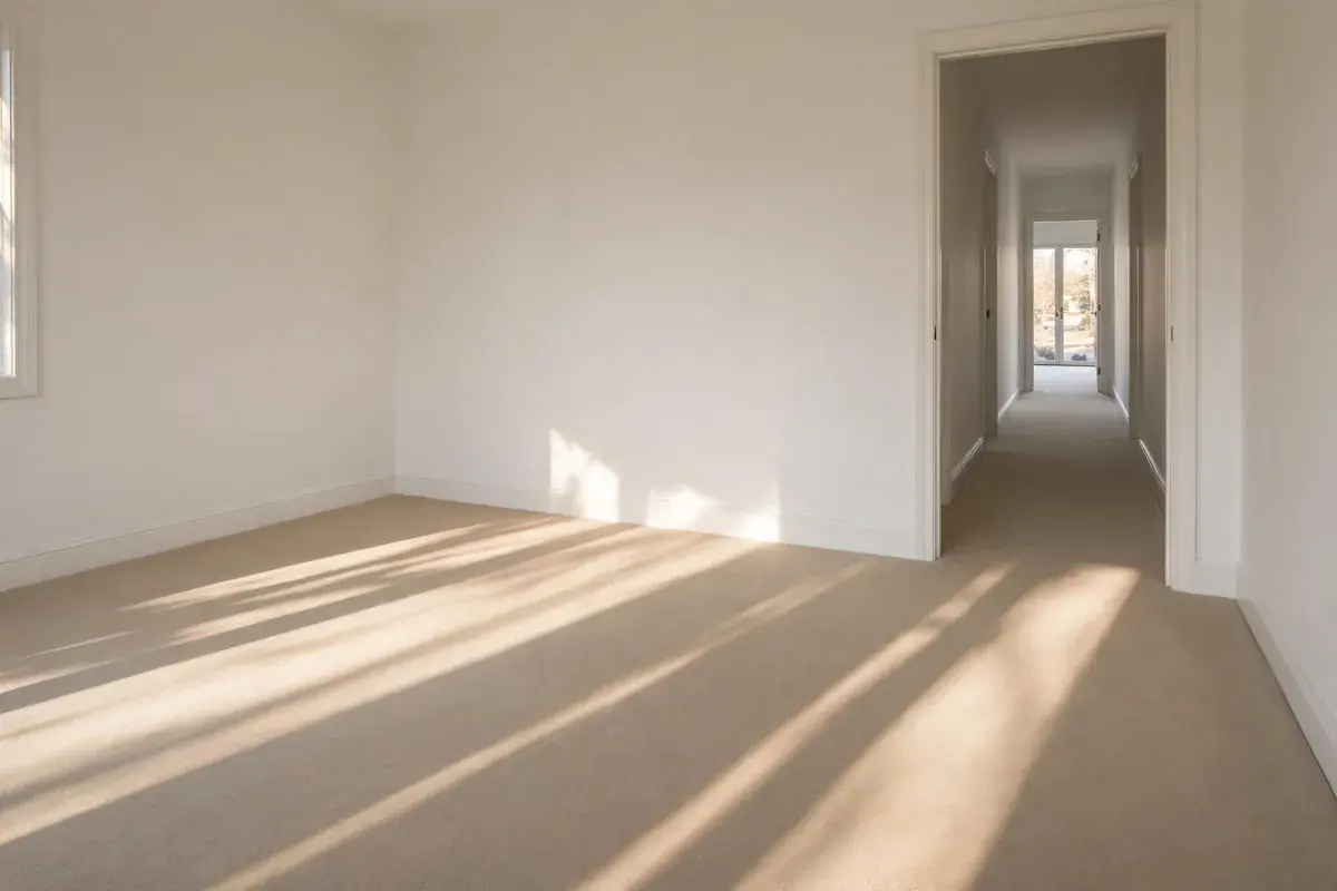 Smooth wall-to-wall bedroom carpet with low sunlight showing no ripples