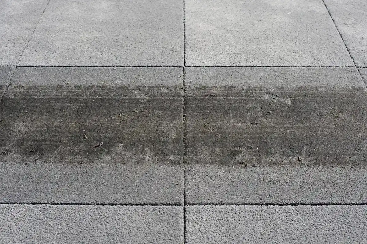 Gray commercial carpet tiles with a darker traffic lane across the seams