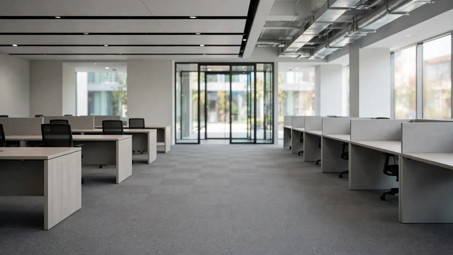 Commercial carpet cleaning in Greeley CO: an empty open office with clean gray carpet and a clear traffic lane