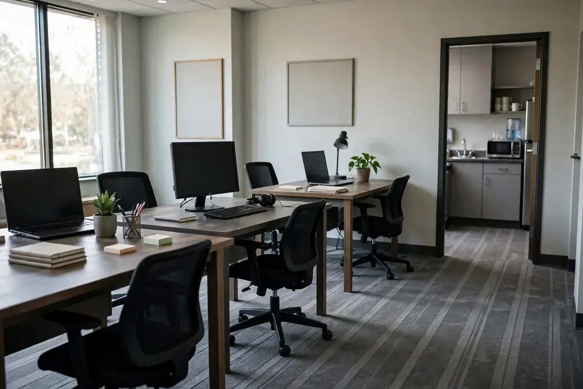 Quiet small office after hours with freshly groomed gray carpet lines