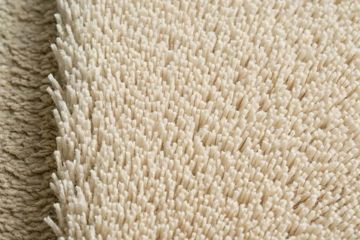 Close-up of cleaned beige carpet fibers beside a narrow strip of untouched carpet