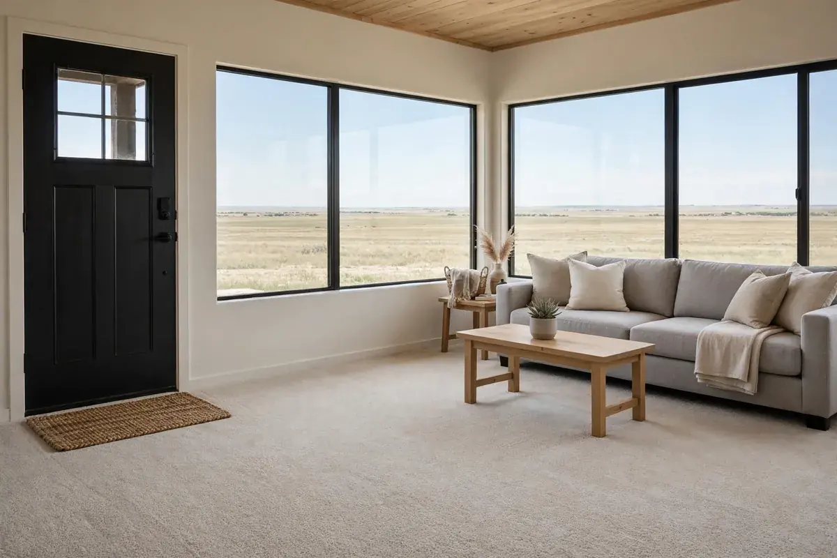 Bright single-story living room with freshly cleaned carpet and a flat horizon outside