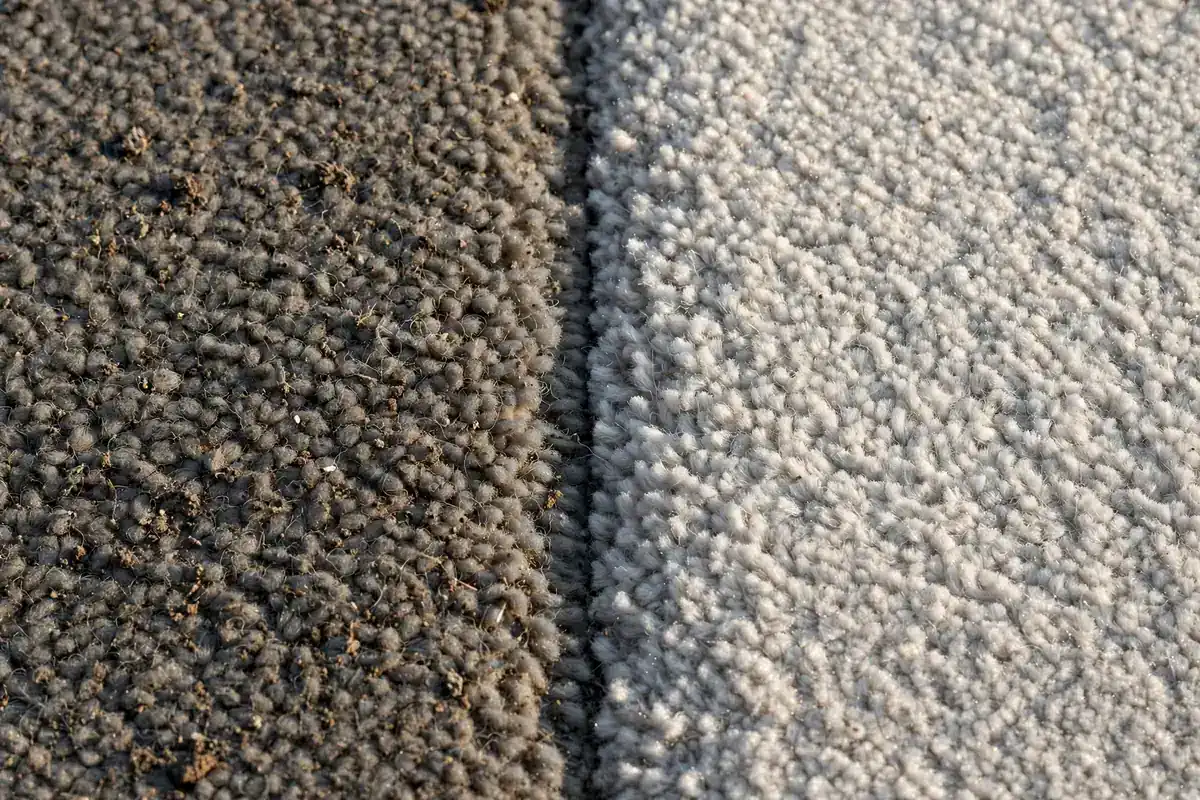 Gray carpet fibers showing a darker soiled lane beside a lighter clean lane
