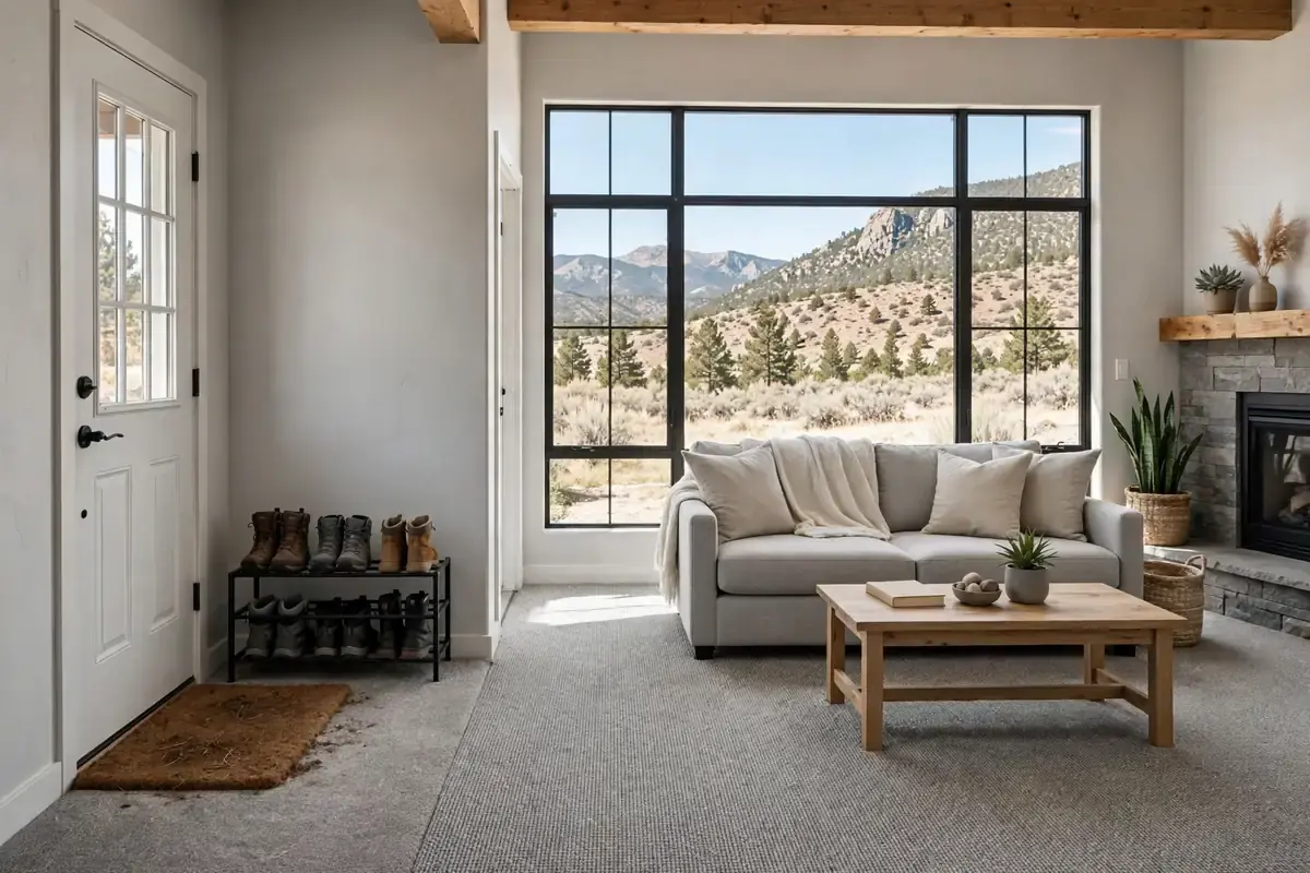 Family room with gray carpet, a shoe rack by the door and dry daylight