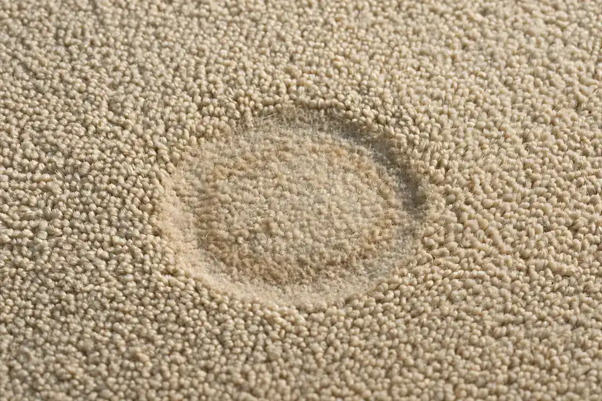 Beige carpet fibers with a faint darker ring where an old spot dried