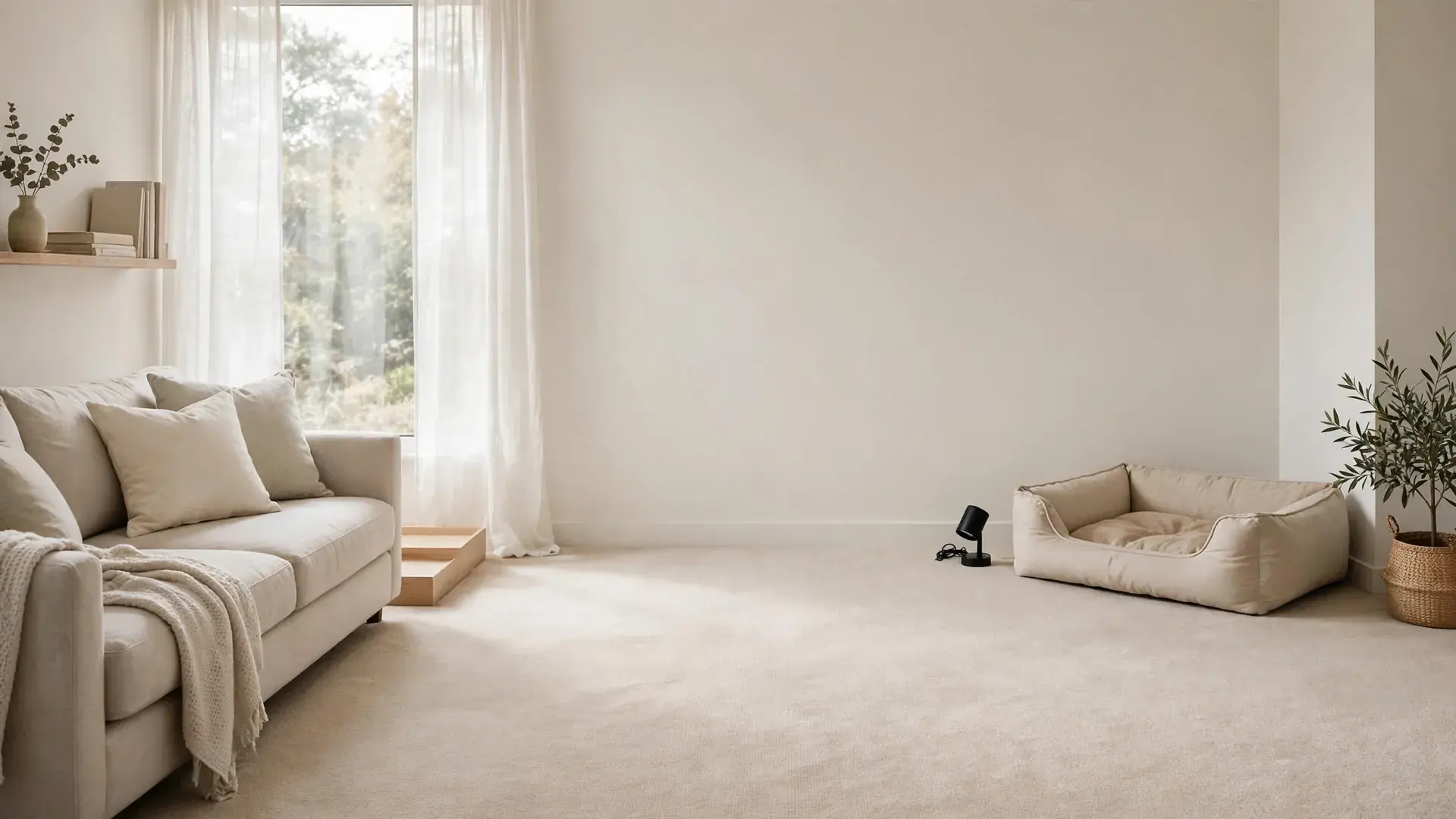 Sunlit Greeley living room with a clean beige carpet and a dog bed in the corner