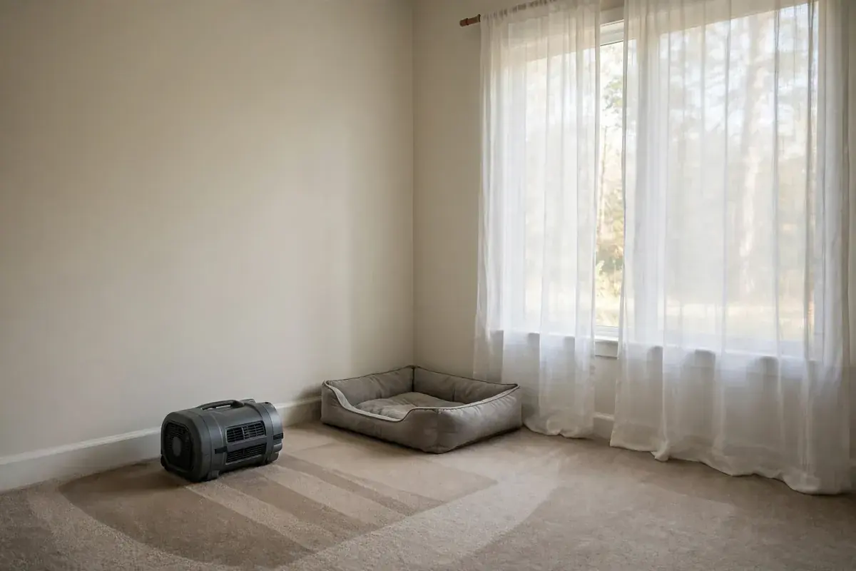 Living room corner with an empty pet bed and a low air mover on carpet