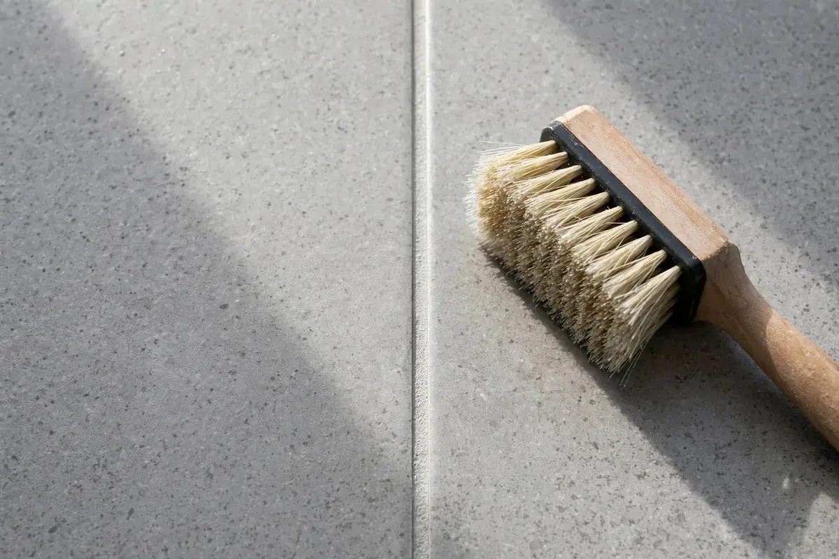 Clean light grout line between gray porcelain tiles with a stiff brush beside it