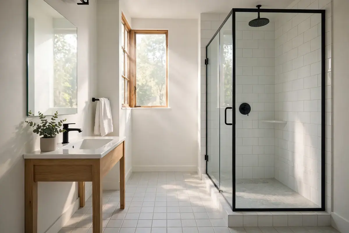 Bright bathroom with clean tile floor, light grout and a glass-door shower