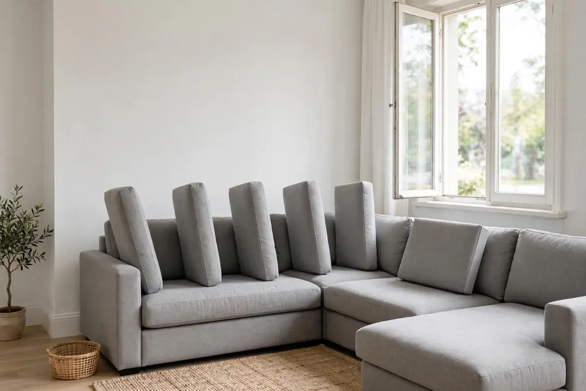Living room with a gray sectional and seat cushions stood up to dry